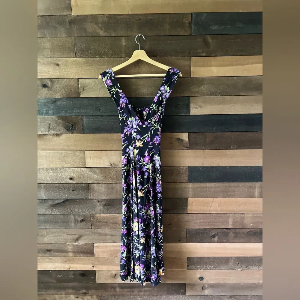 Vintage 80s All That Jazz Black Floral Midi Dress Crisscross Back Size 7/8 - Picture 6 of 16